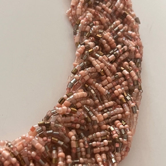 Women's Beaded Statement Necklace, tiny beads on chain, pink peach rose, beige - Picture 2 of 5